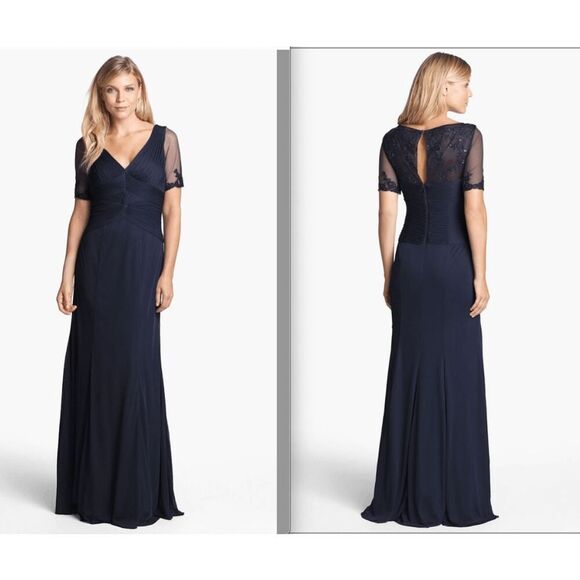 Adriana Papell Womens Dress Sz 14 Mermaid Gown Navy Chiffon Beaded Wedding Event - Picture 1 of 16
